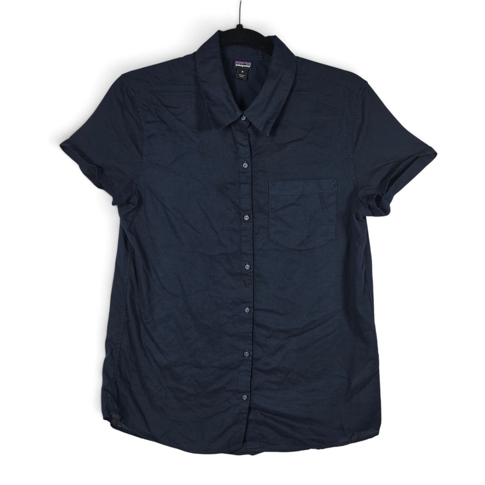 Patagonia Shirt Womens Medium Short Sleeve Navy Blue Organic Cotton Hemp Blend